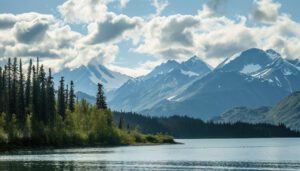 Snowy Mountains Of Alaska, Landscape With Forests, Valleys, And Rivers In Daytime. Serene Wilderness Nature Composition Background Wallpaper, Travel Destination, Adventure Outdoors